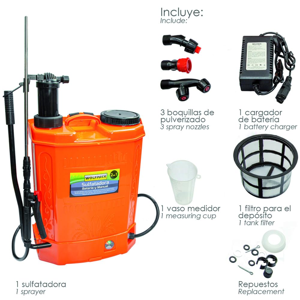 WOLFPACK LINEA PROFESIONAL Sulfatadora Electrica A Bateria Doble Uso, con Bateria Recargable 12 V / 8 Amperios