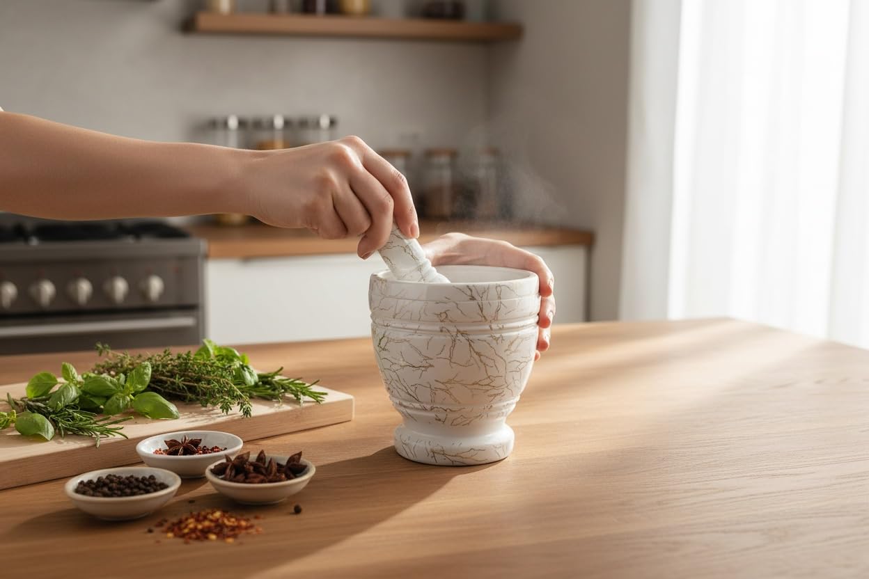 Marble Style Mortar and Pestle Set with Gold Veining (White with Gold Veining)