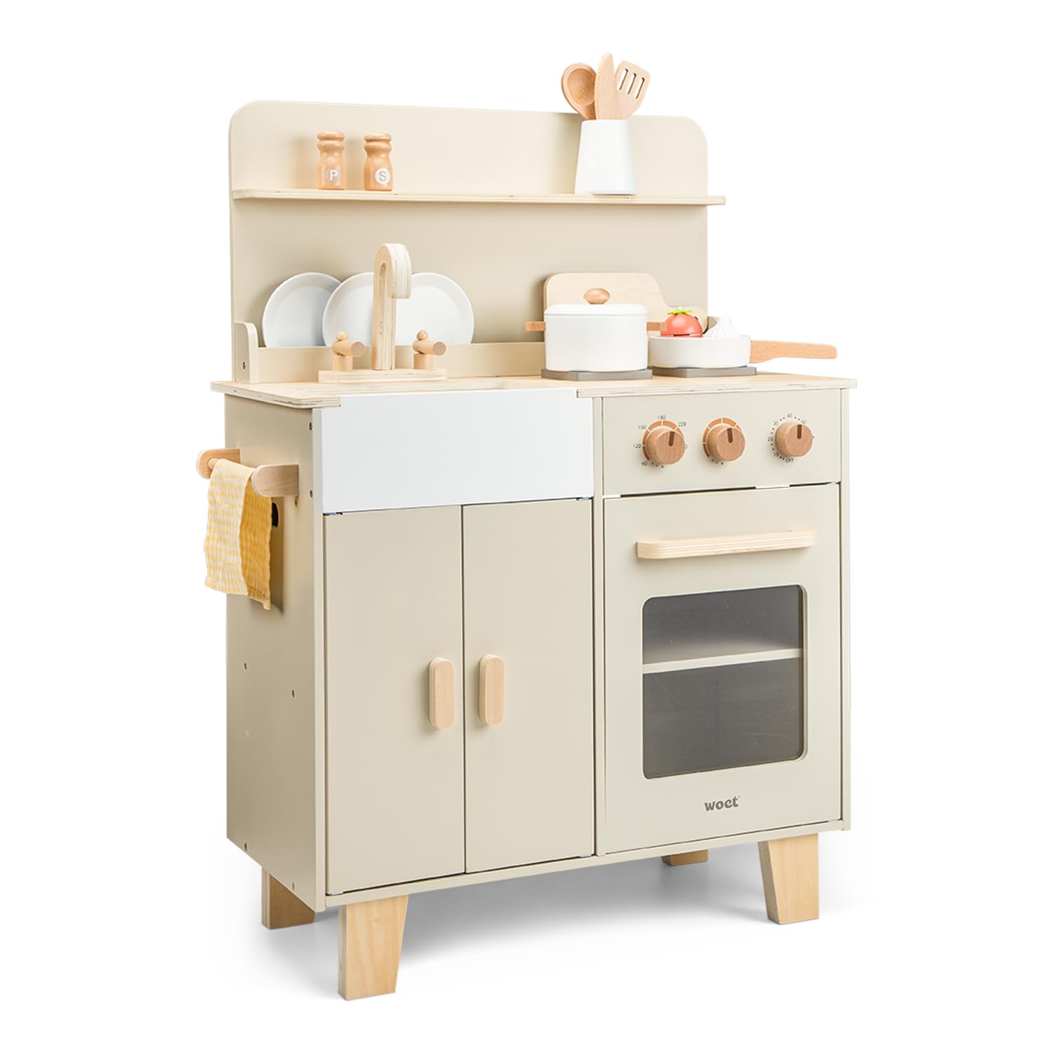 Woet® Cuisine Jouet Beige en Bois pour Enfants - avec Four, Évier et Accessoires - Set de Cuisine d’Imitation - À Partir de 3 Ans (Beige)