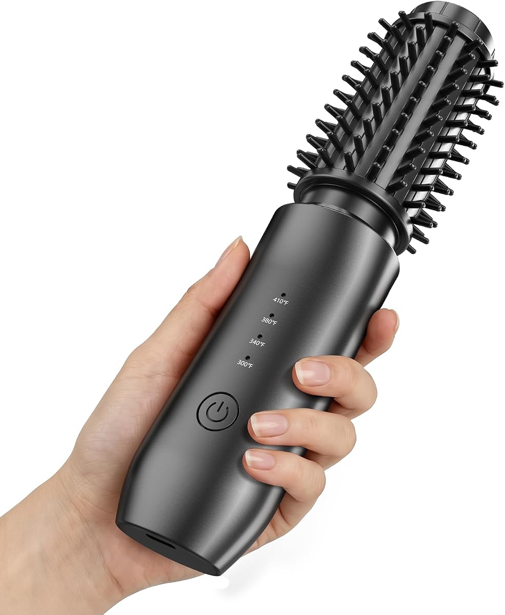 CARESKY® Cordless Curling Iron Brush, Rechargeable Travel Curling Iron with 200 Million Negative Ions, Portable Battery Curling Iron Brush, Cordless Heated Round Hair Curler Brush for Styles,Touch-Up