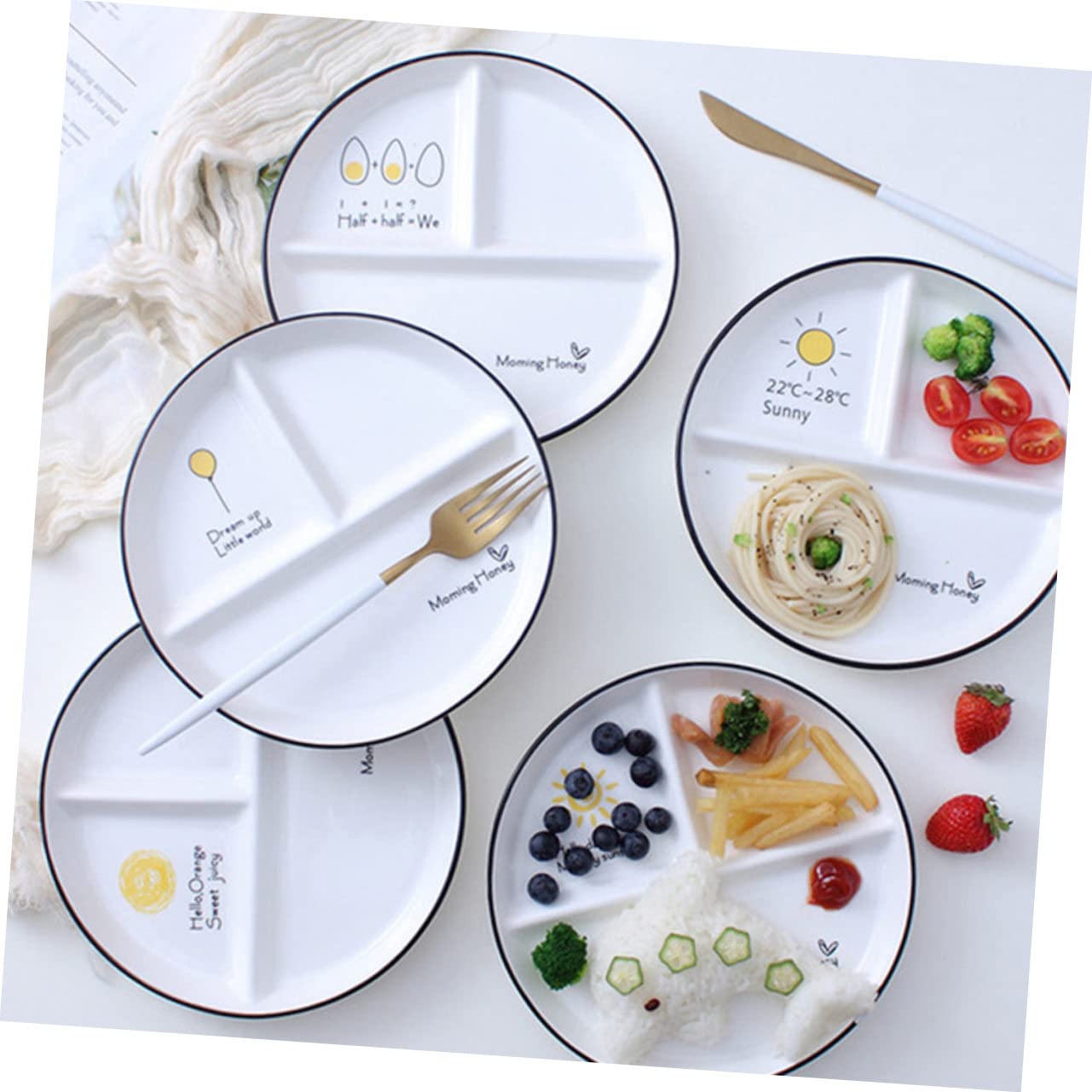 Assiette Compartimentée à 3 Compartiments en Céramique, Lot de 2