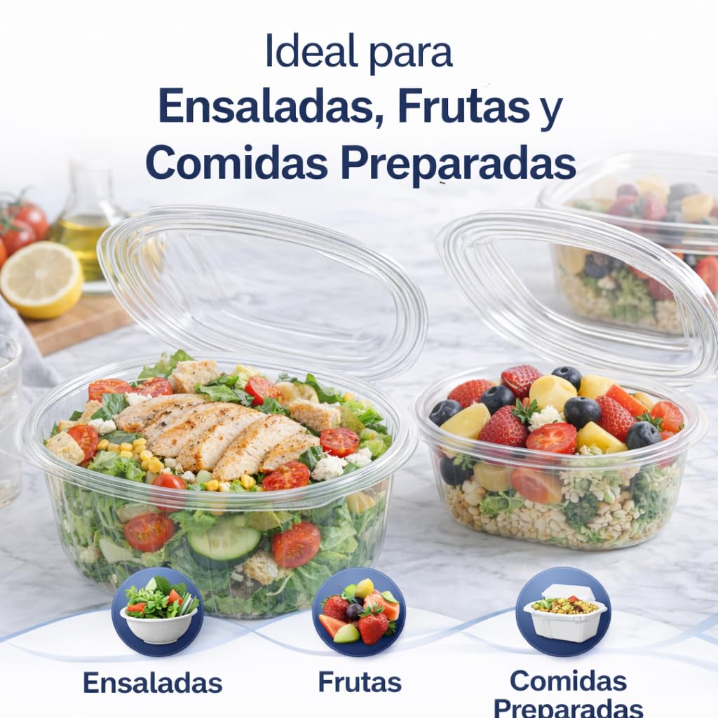 Tarrinas de Plástico OPS con Bisagra, 250 ml, Transparentes, Pack 100 Unidades, Recipientes Desechables para Comida Fría, Ensaladas, Postres, Hostelería y Take Away (250cc)
