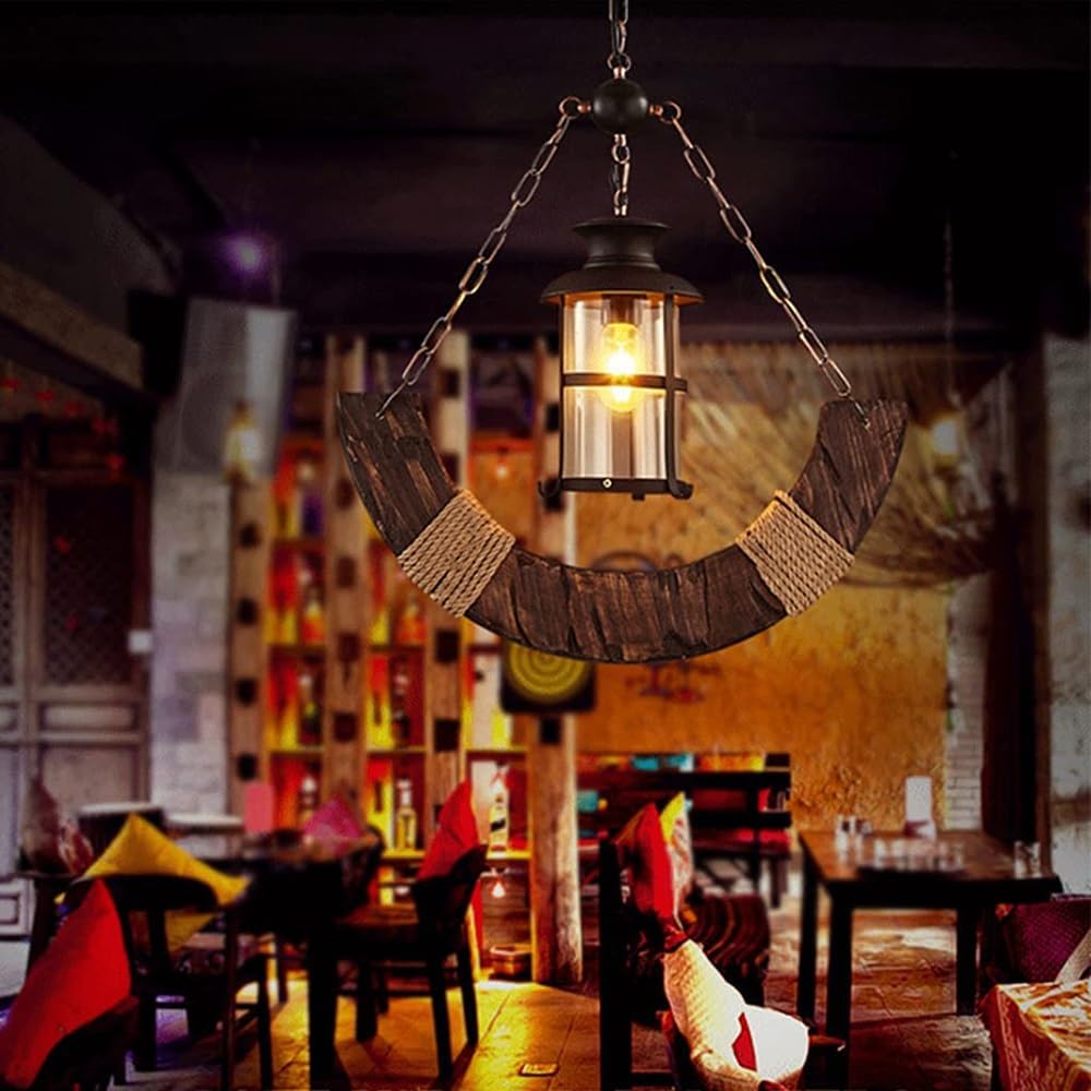Générique LAUMZX Lustre rustique en bois à 1 lumière, suspension industrielle forme de lanterne croissant