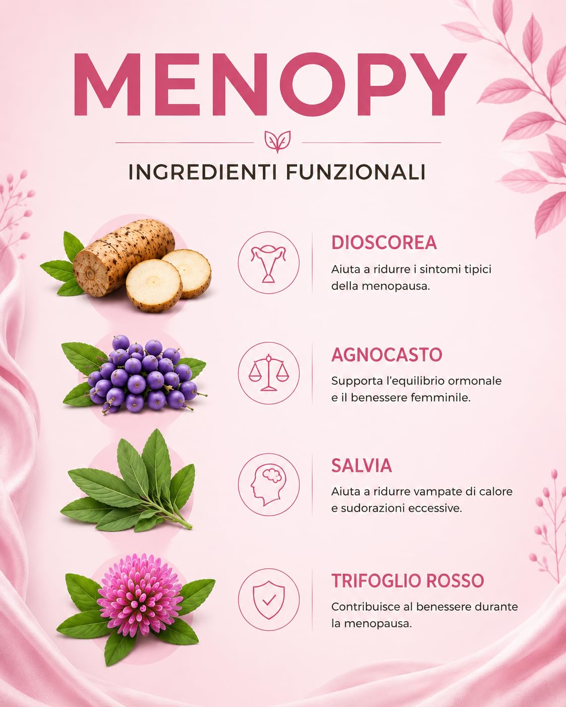 JEA Menopy Integratore Menopausa e Perimenopausa Donna 60 Capsule, Supporto Naturale con Dioscorea, Agnocasto, Salvia e Trifoglio Rosso, Equilibrio Ormonale e Benessere Femminile