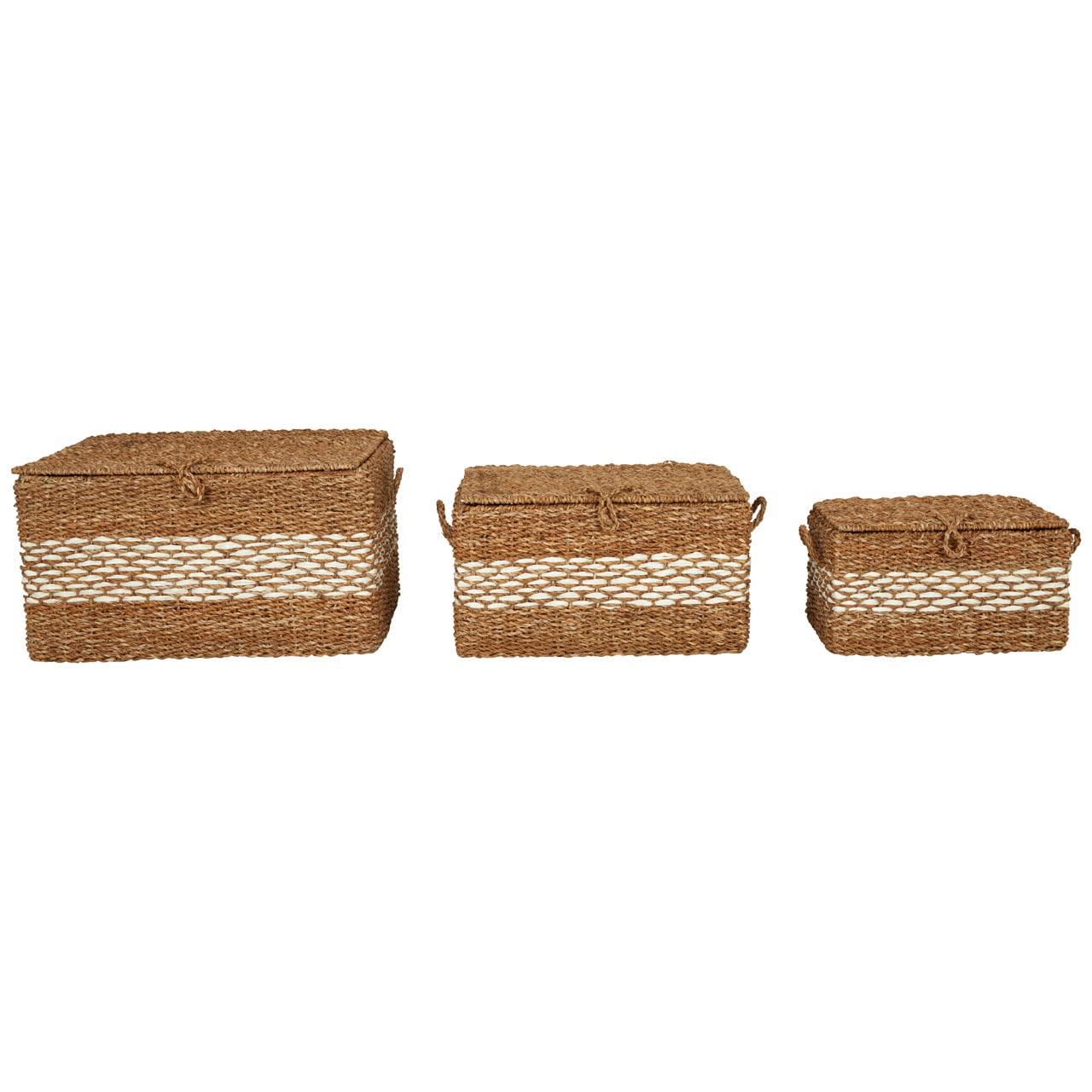 Interiors by PH Set of 3 Seagrass Baskets with Lids - Brown - Handwoven Rectangular Storage Containers