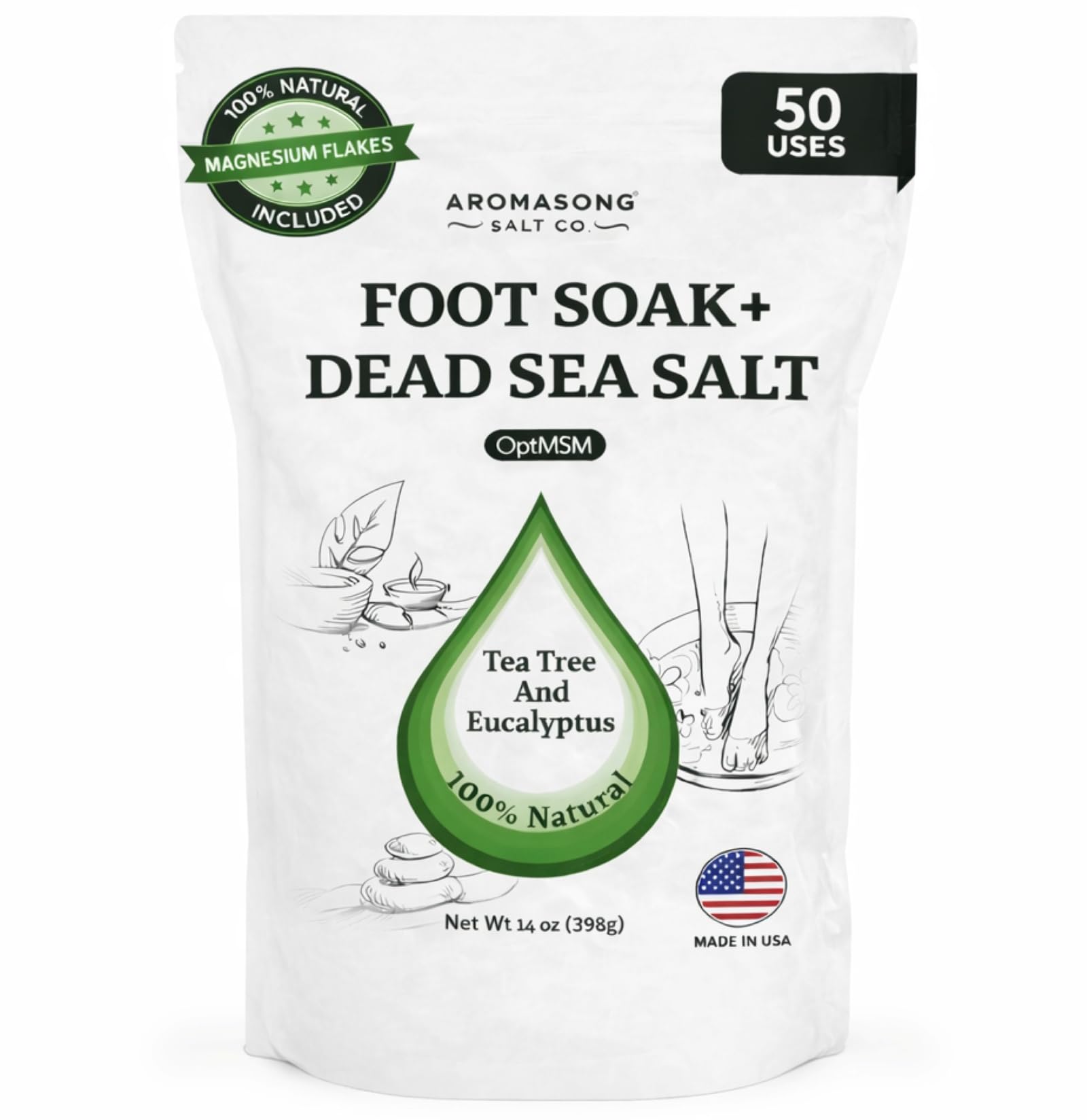 Aromasong Tea Tree Foot Soak with Dead Sea Salt & Magnesium Flakes – Refreshing Foot Bath Salts for Relaxation, Odor Control & Soft Skin (Packaging