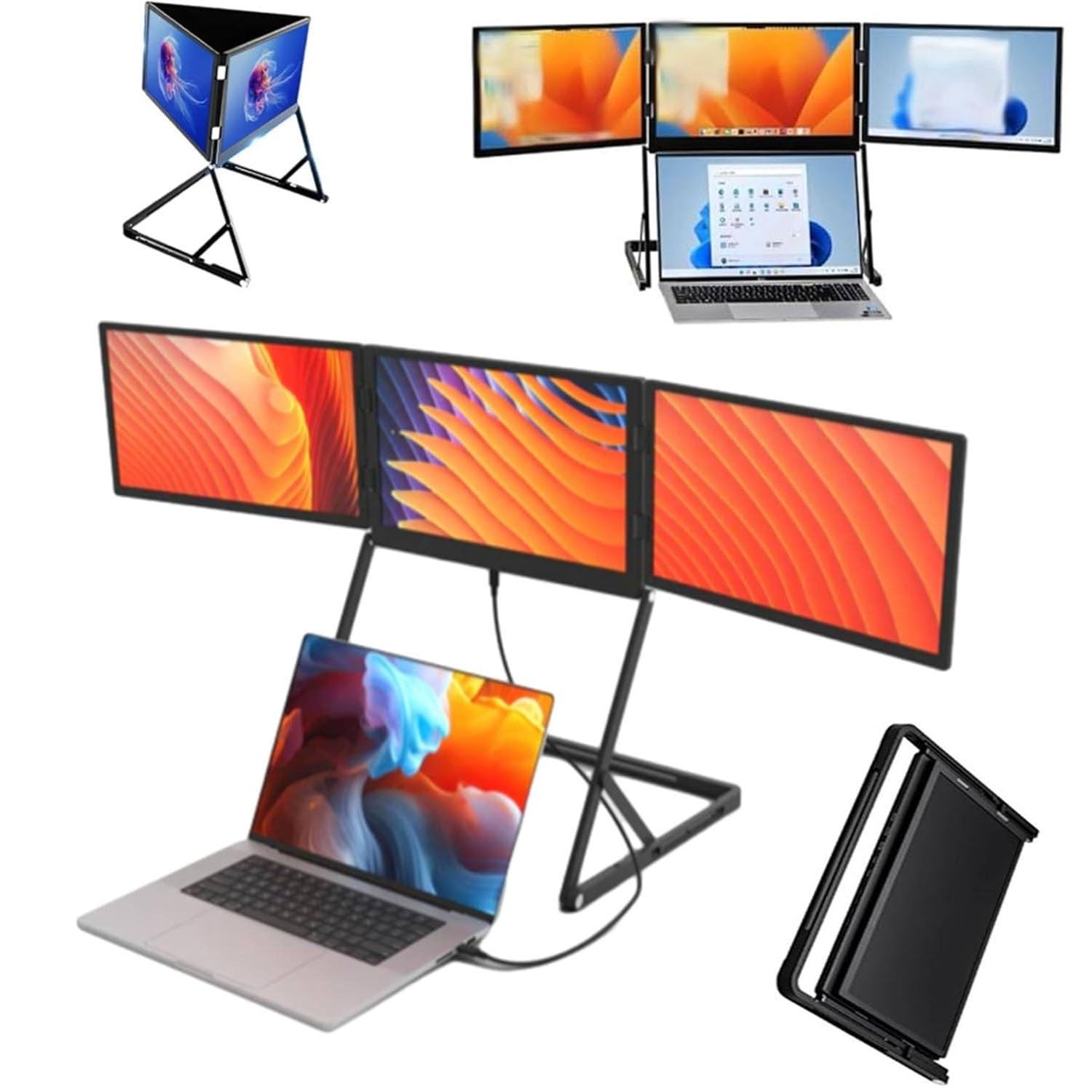 Monitor triplo pieghevole per laptop 15,6" Pro Premium, estensore schermo FHD 1080P IPS, Type‑C/HDMI, rotazione 360°, angoli regolabili, ideale per ufficio e lavoro da remoto, Windows e Mac