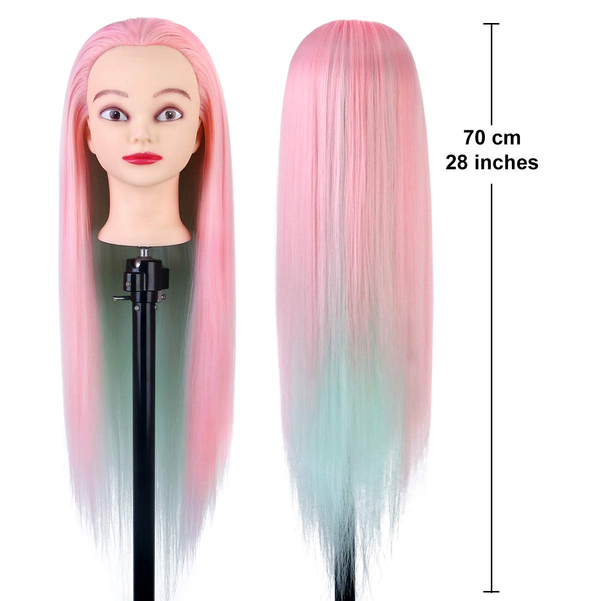 TwoWin Testina Parrucchiere con Capelli Sintetici - 28 Pollici /71 cm Manichino per Formazione Acconciature con Morsetto e Kit Extension (Rosa/Verde) - 2