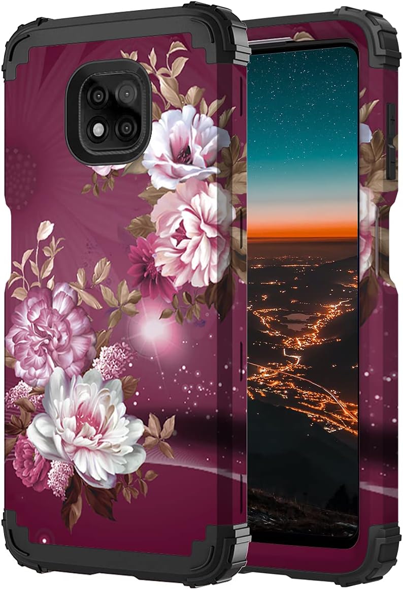 Hocase for Moto G Power 2021 Case, Shockproof Heavy Duty Protection Soft Silicone Rubber Bumper+Hard Plastic Hybrid Protective Case for Moto G Power 2021 (6.6" Display) - Burgundy Flowers