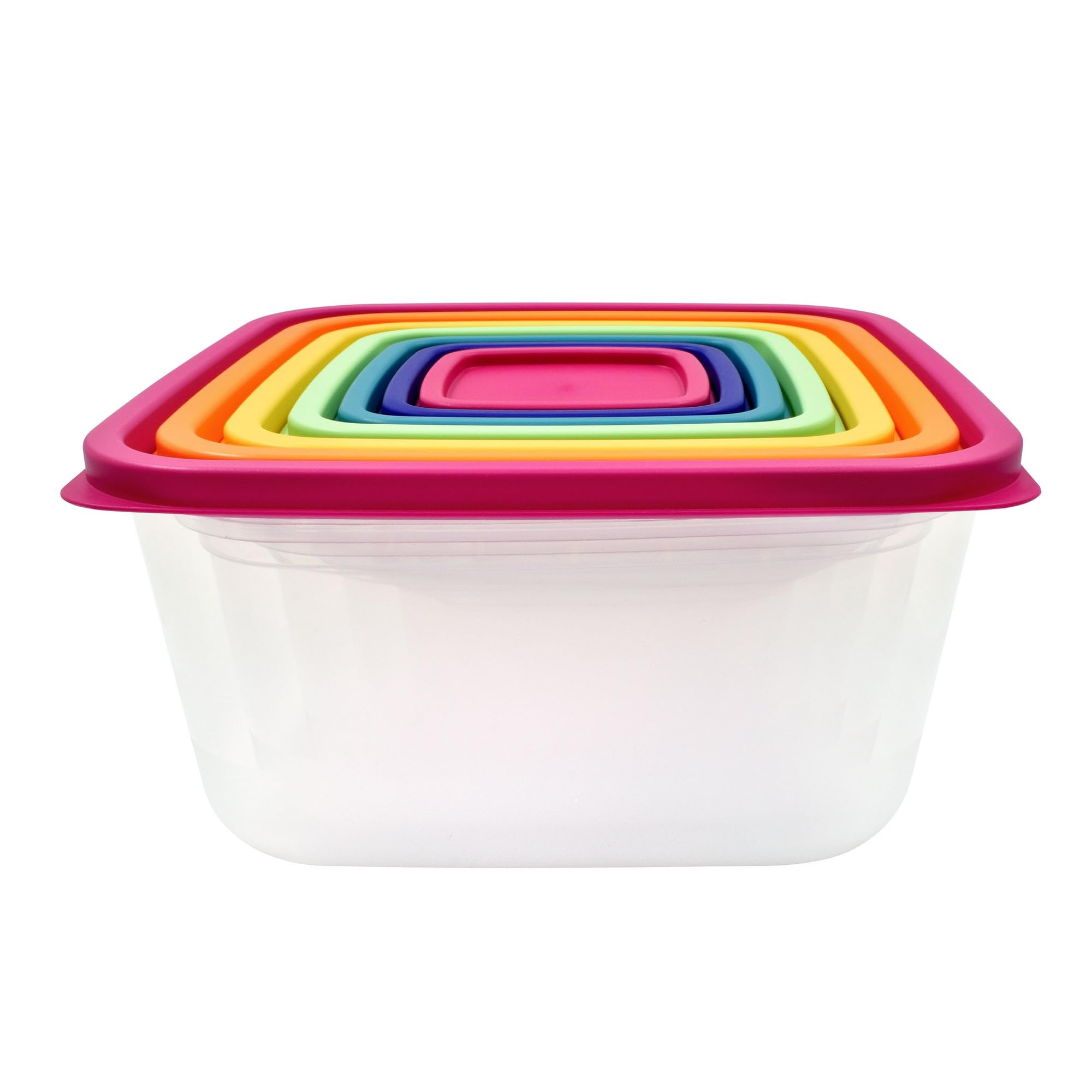 7-Piece Plastic Rainbow Food Storage Container Set – Multi-Color Nesting Bowls With Matching Lids for Kitchen Organization, Meal Prep & Leftovers