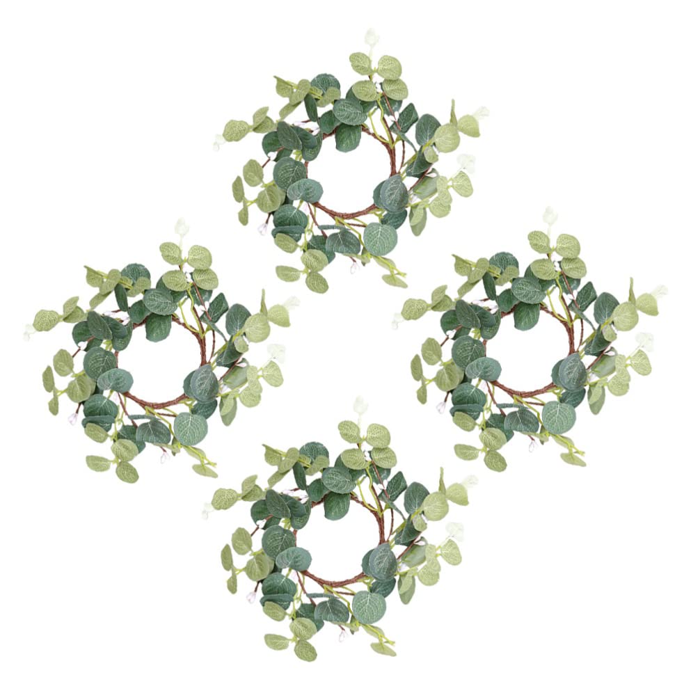 4pcs Eucalyptus Wreath Small Green Leaf Candle Wreath Fall Candle Rings Decorative Candle Wreath Farmhouse Tabletop Decoration Spring Door Decoration Wedding Silk Leaf Candlestick…