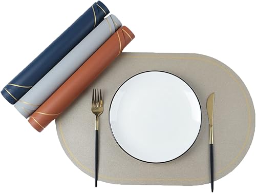 YANGKLUIB Juego de 2 manteles individuales ovalados de piel sintética, resistentes al calor, fáciles de limpiar, impermeables, para mesa de comedor,