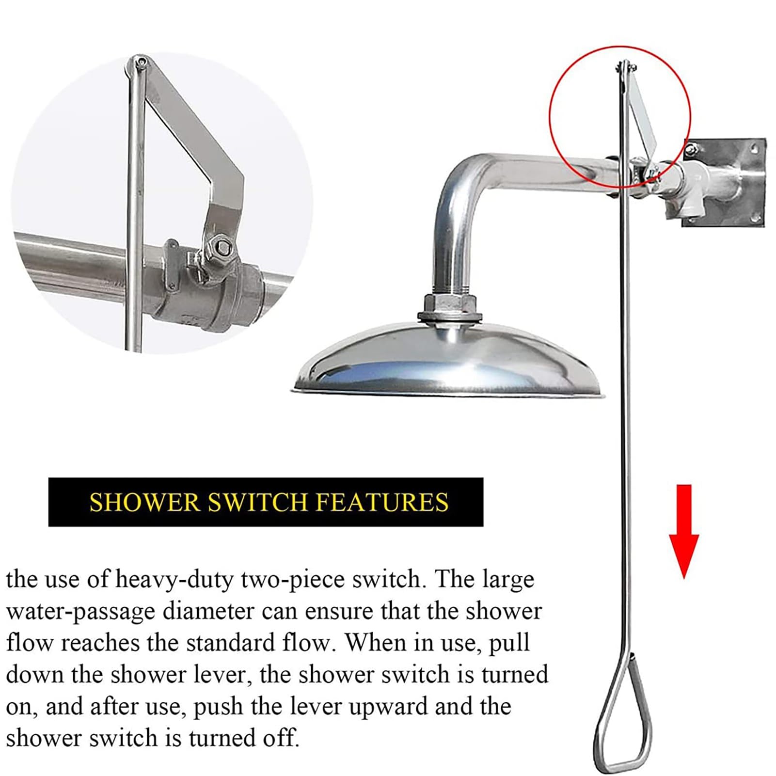 Douche de sécurité d'urgence avec pommeau Horizontal Mural et pommeau en Acier Inoxydable, Compatible avec Une Station de Lavage oculaire d'urgence.