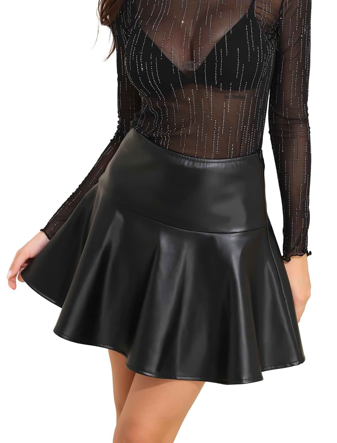 YYA Women's Black Pleated Mini Leather Skirt - High Waist Stretchy Leather Short Skirt for Women Casual & Party Wear S-XXL