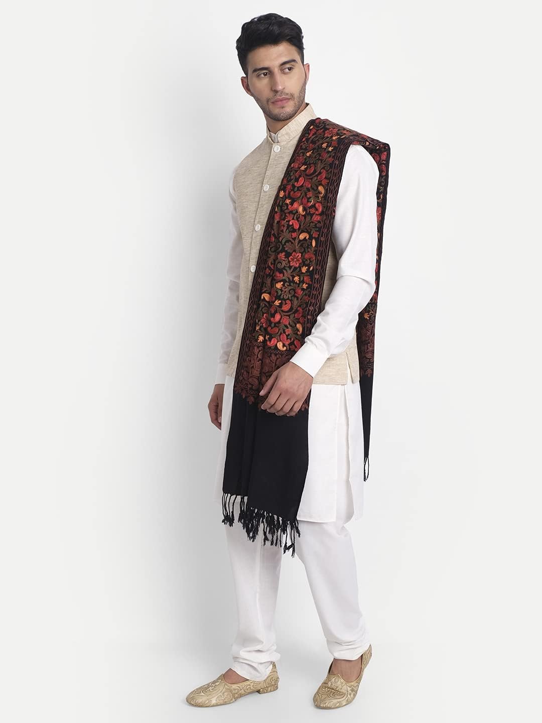 Zamour Large Kashmiri Scarf Stole Shawl for Men, Original Embroidered Punjabi Aari Work