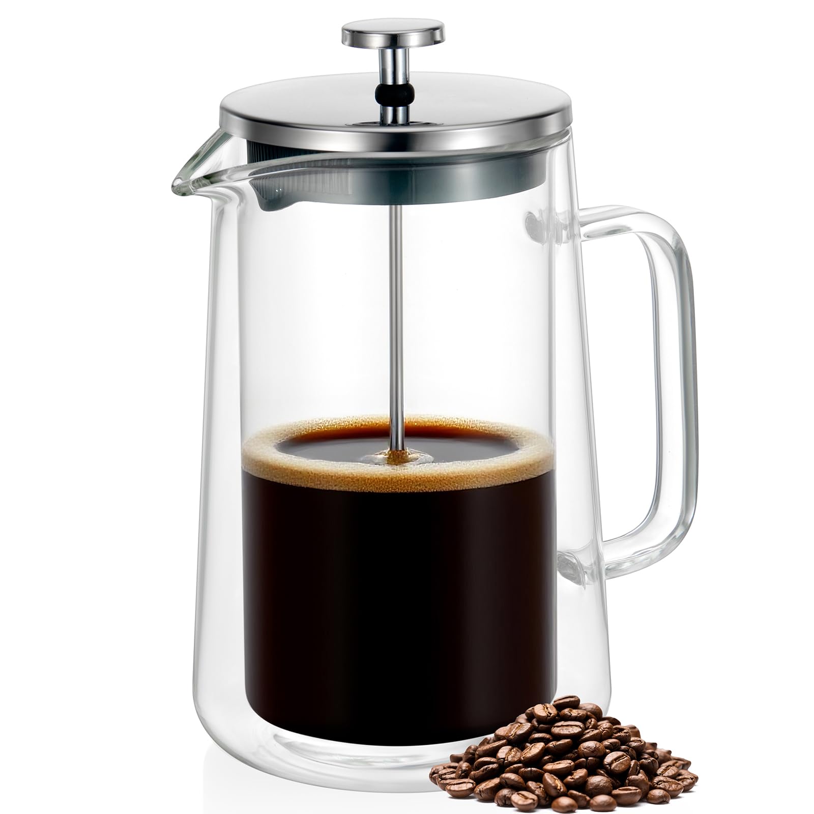 French Press Kaffeebereiter, 1 Liter, doppelwandiges isoliertes Borosilikatglas, hitzebeständiges Design, Edelstahlfilter für Kaffee, Tee und Kaltgebrühe