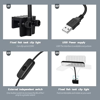 boxtech Fish Tank Led Light, Small Aquarium Clip On 8W White Led Clamp 4.53 Inch USB Full Spectrum Planted Light for 3 to 6 Gallon Tanks