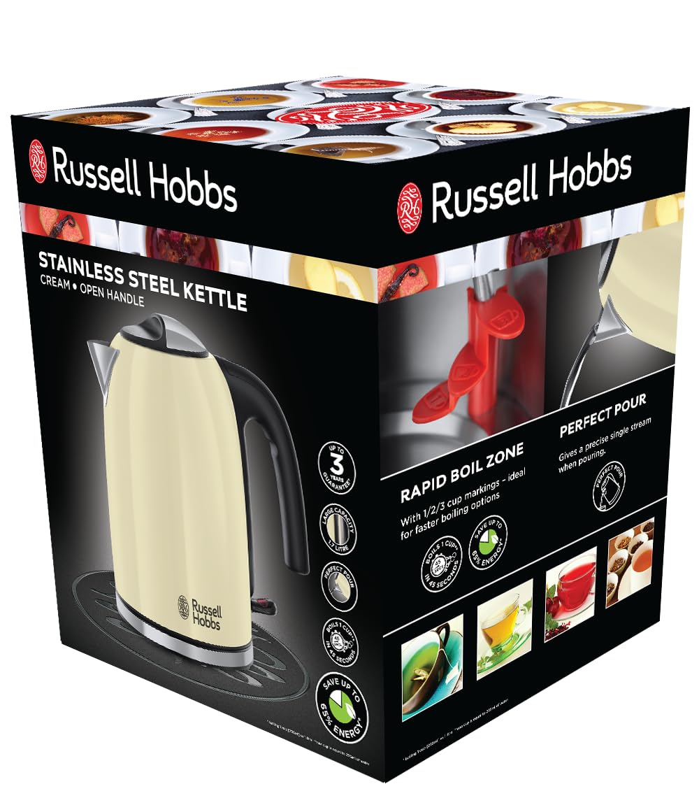 Russell Hobbs Bollitore Elettrico Colours Plus 1,7 L 2400 W, Acciaio Inossidabile, Spegnimento Automatico, Filtro Anticalcare Rimovibile, Base Girevole 360°, Crema – 20415-70