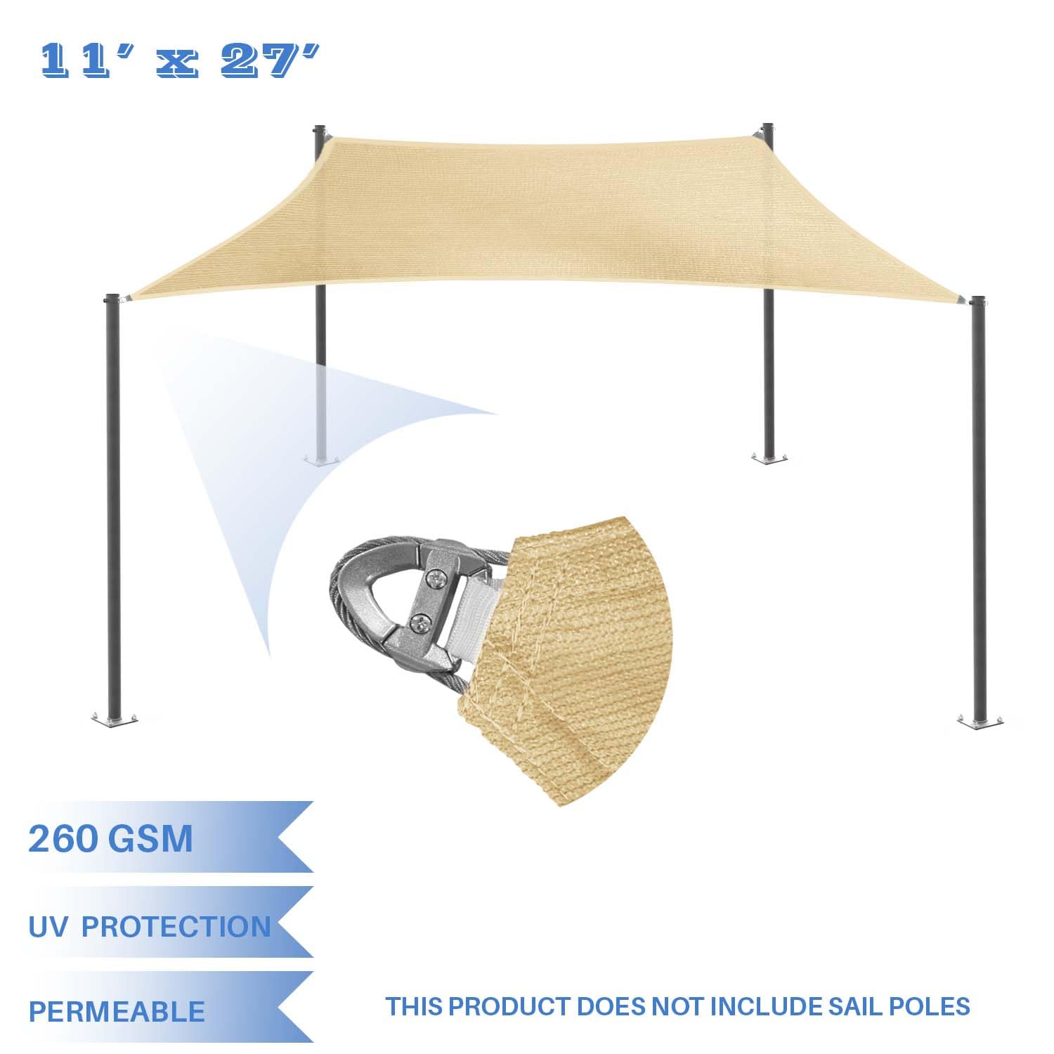 E&K Sunrise 11' x 27' Sun Shade Sail Rectangle Canopy Shade Cover with A Ring Steel Cable Wire UV Block for Pergola Patio Backyard Garden Deck Outdoor (Sand)
