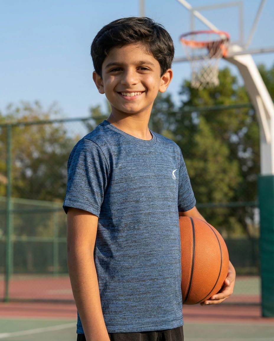 TRAINIKS Unisex Sports T-Shirt – Round Neck Half Sleeve Solid Gym & Activewear Tee, Lightweight Breathable Quick-Dry Athletic T-Shirt for Kids Boys & Girls Navy Blue 11-12Y 2