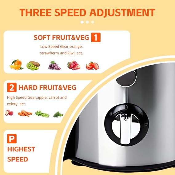 Juicer Machine,Efficient Centrifugal Juicer | 68mm Large Feed Chute for Whole Fruit and Vegetable Extraction, 3 Adjustable Speeds, Easy to Clean Design – Ideal for Family and Healthy Living，Stainless