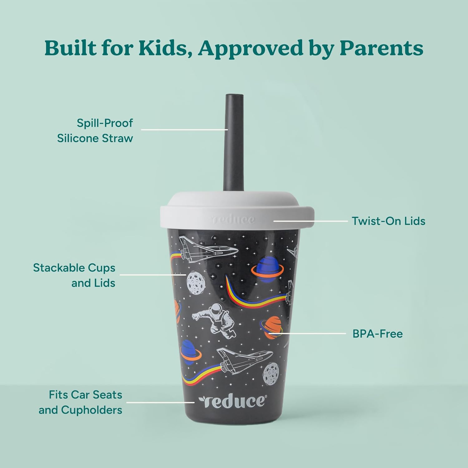 REDUCE GoGo's Kids Portable Tumbler Cups with Lids and Spill-Proof Straws - 10 Pack of Stackable 12 oz Tumblers with Twist-On Lids - Easy Storage, Dishwasher Safe - Club House - Image 3