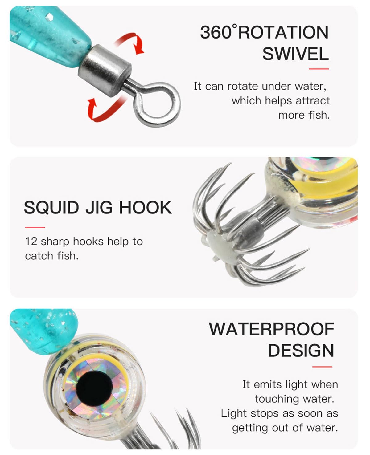 Luz LED con gancho de calamar, impermeable, luz LED de pesca, luz intermitente subacuática, juego de 4 luces de peces de colores (azul, rojo, verde, blanco) luz LED de caída profunda
