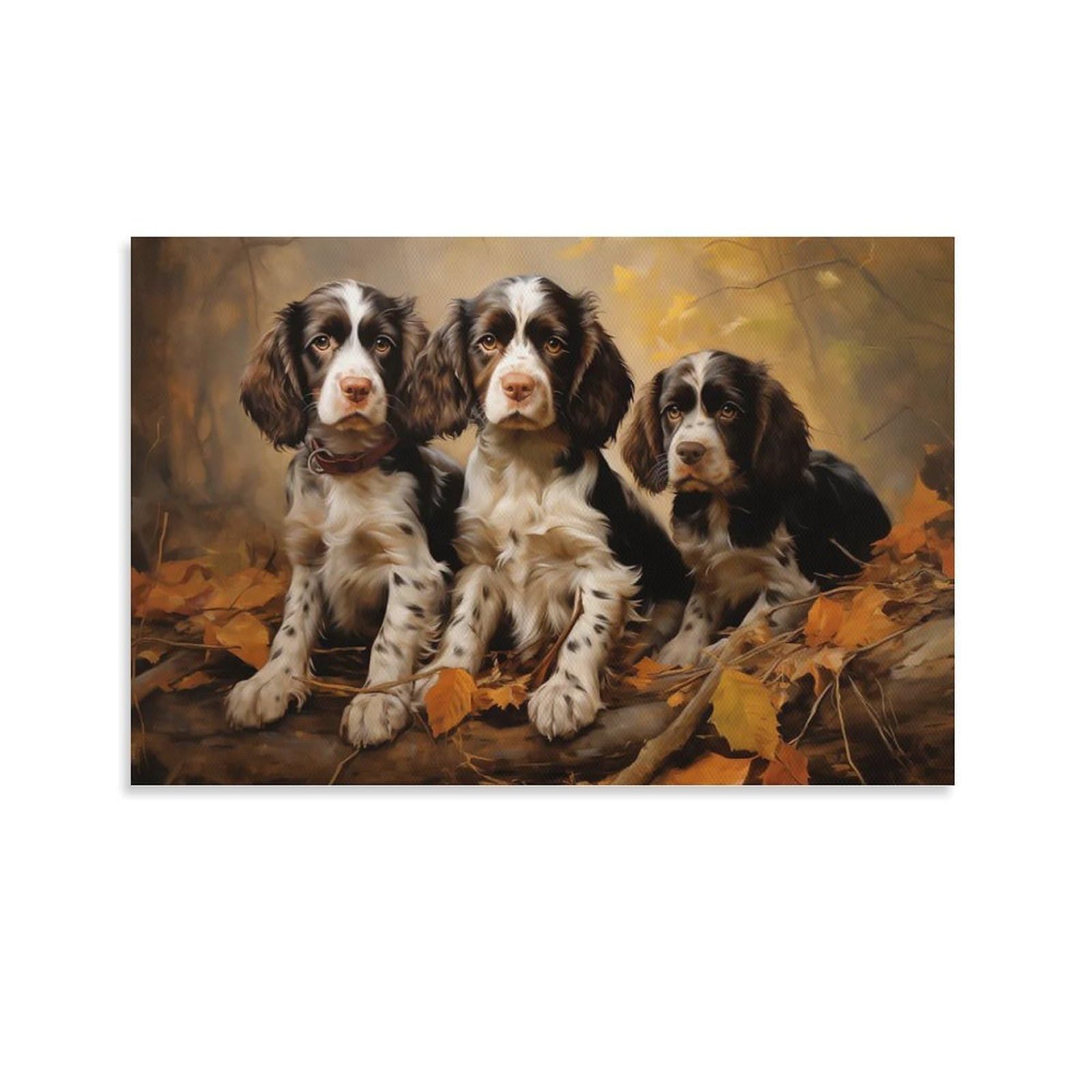 CPLVKWRQJ Dog Individual Three Spaniel Puppies in Autumn Canvas Wall Art - Office Canvas Print Fade Resistant Wall Focal Art Ready to Hang 20x30inch(50x75cm)
