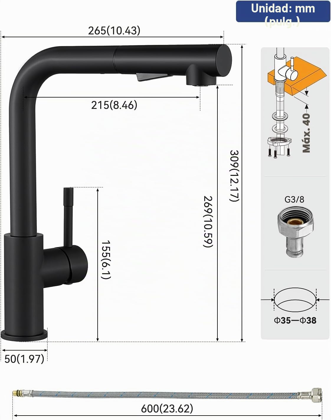 Fregadero de granito negro 70x45 cm con grifo mezclador y juego de ducha extraíble, fregadero de cocina rectangular para mueble bajo de 70 cm, fregadero de cocina con accesorios de drenaje