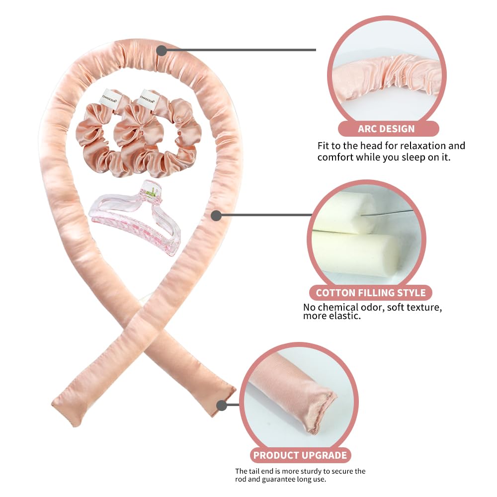 Heatless Hair Curler, Heatless Curls Overnight Curling Set Satin Hair Rollers Curler No Heat Curls Hair Curler Overnight Satin Curling Set Hair Curlers Sleep in Kit with Hair Claw Clip Scrunchies Pink