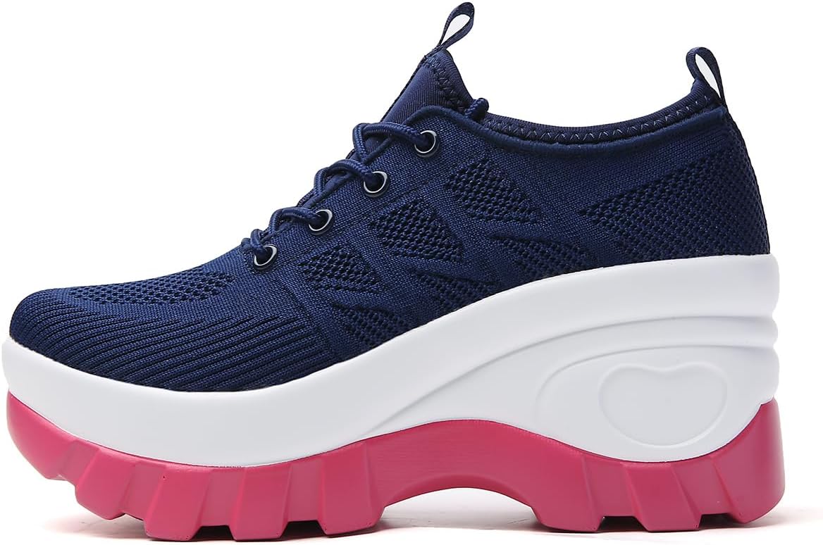 Women's Chunky Platform Comfort Orthopedic Wedge Walking Shoes Fashion Knitted Breathable Lace Up Lug Sole Casual Non-Slip Running Shoes with Arch Support - Image 3