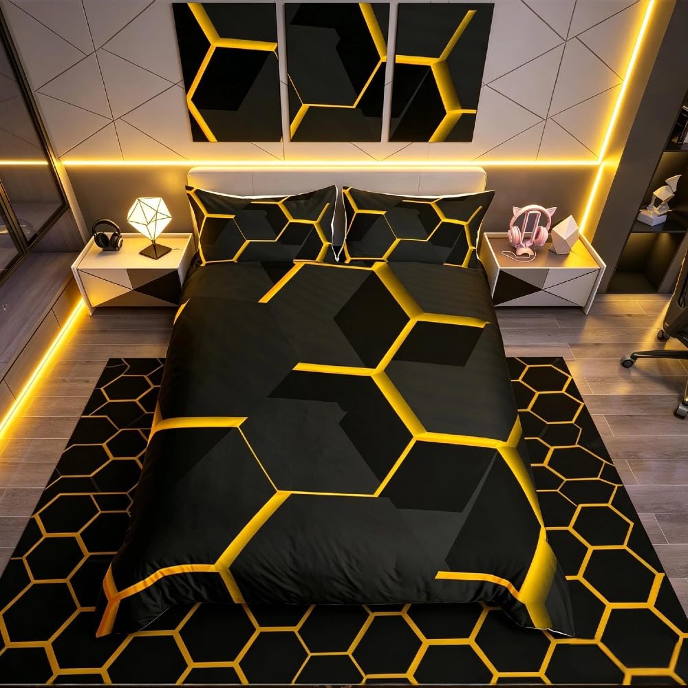 Homemissing Yellow Honeycomb Duvet Cover Geometric Honeycomb Comforter Cover Hexagon Single Bedding Set Honeycomb Bedspread Cover Simplistic Decor Quilt Cover 2Pcs