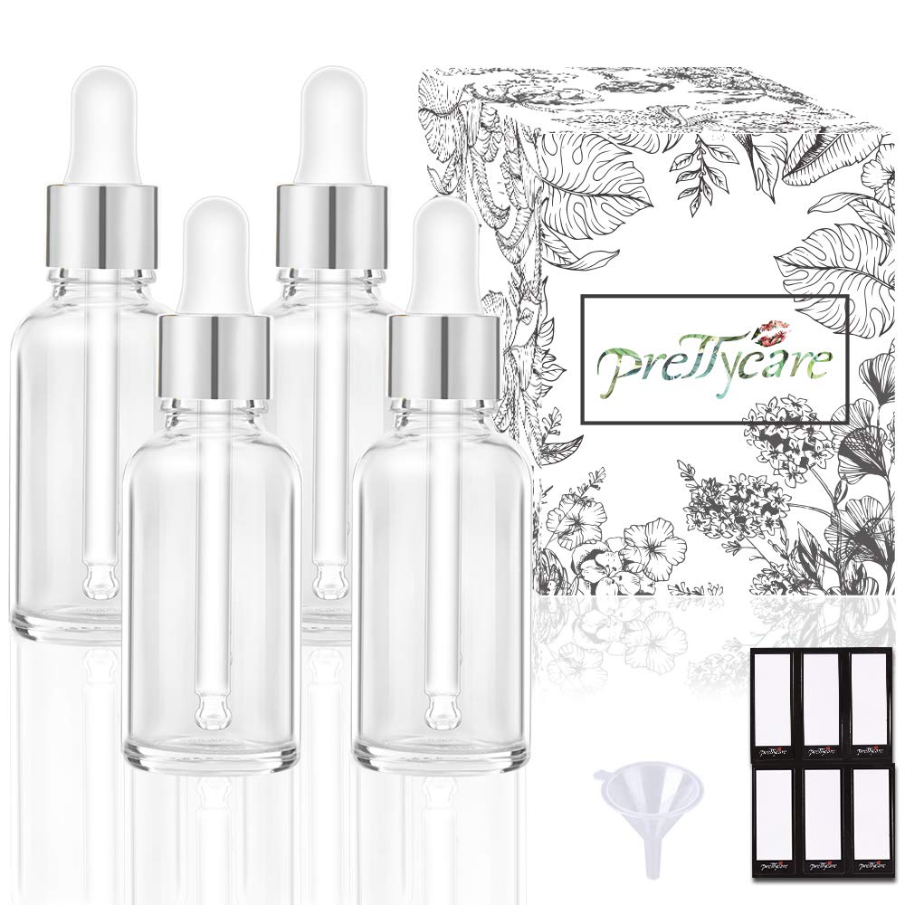 PrettyCare 2 oz Dropper Bottles, 4 Pack Frosted Glass Bottles 60ml with Golden Caps, 12 Labels, Funnel &amp; Measured Pipettes-Empty Tincture for Essential Oils &amp; Skincare