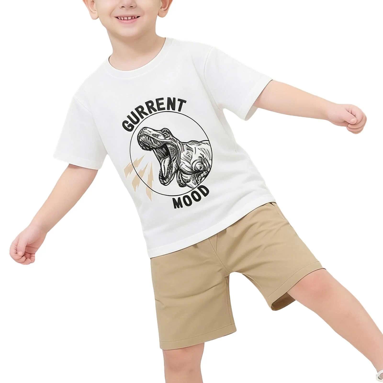 Conjunto de 2 piezas para niños con estampado de tiranosaurio, cuello redondo, manga corta, pantalones cortos, casual, verano, fiesta, vacaciones, 2-7 años