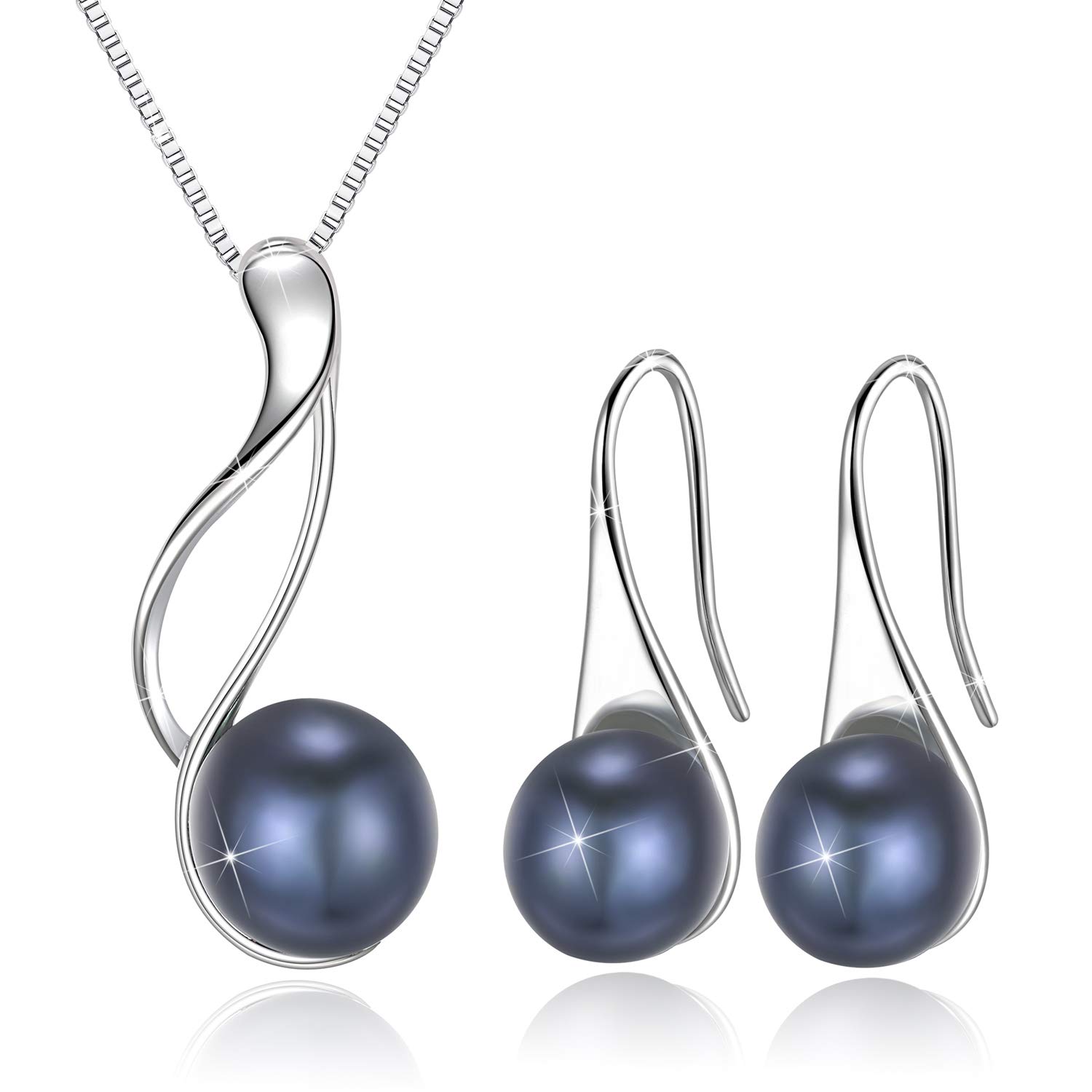 OneSight Sterling Silver Freshwater Cultured Pearl Jewelry Necklace Earrings Set For Women (Dark Blue Pearl Earrings Necklace Sets Long)