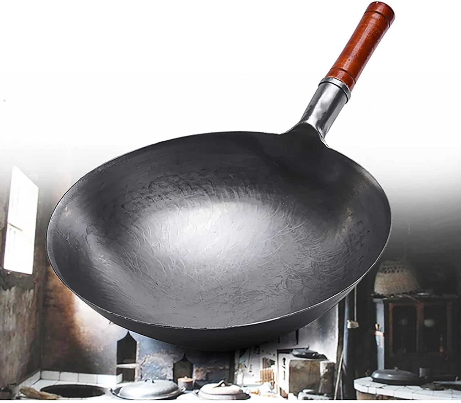 鉄製 中華鍋 木製ハンドル フライ返し付き 鉄製 中華鍋 木製ハンドル