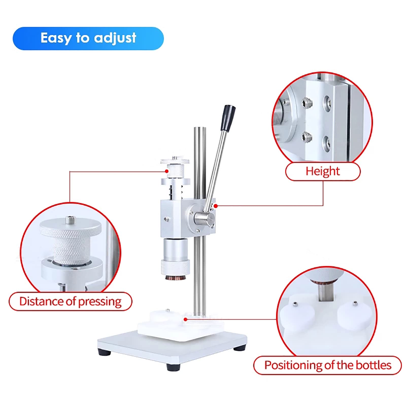 Máquina prensadora Sellado Botellas Perfume, máquina taponadora neumática Manual, con Mango Antideslizante Acero Inoxidable, Altura Ajustable para Herramientas Vidrio Metal plástico (diámetro exte