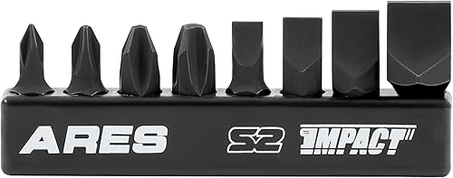 ARES 70013 - Juego de 8 brocas de impacto de acero S2, incluye puntas Phillips de 1,2,3,4 y puntas ranuradas de 14 pulgadas, 516 pulgadas, 38