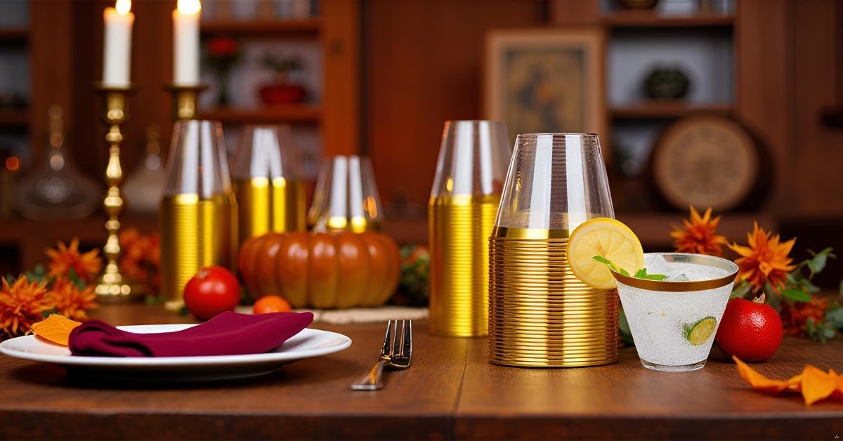 JOLLY CHEF 100 Pack Gold Plastic Cups, 9 oz Clear Plastic Tumblers, Elegant Gold Rimmed Cups, Disposable Glasses for Wedding, Thanksgiving Day, Christmas Party - Image 8