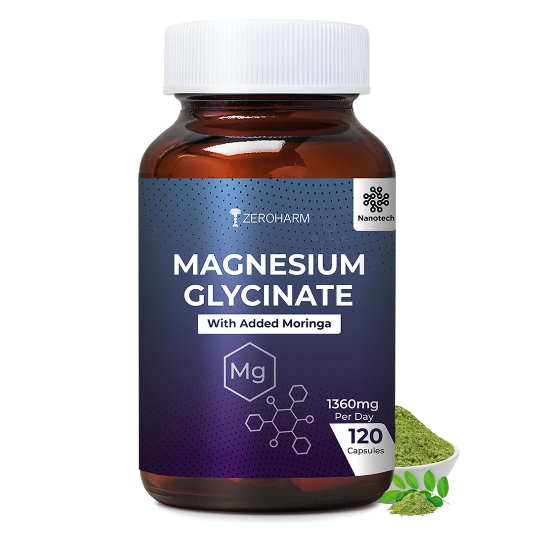 ZeroHarm Magnesium Glycinate 120 Capsules |1360mg Magnesium Supplements for Muscle Support & Nerve function | Regulate blood sugar levels & Blood pressure| Improves sleep cycle | Promotes Brain health