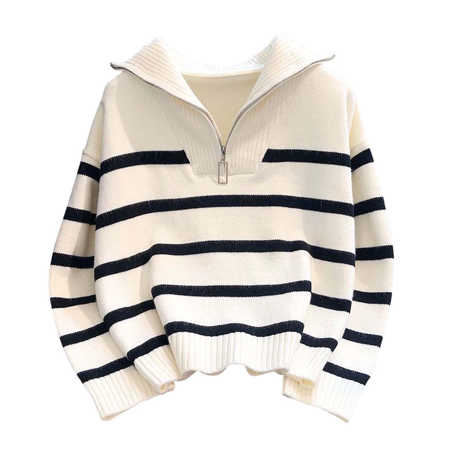 Sweaters for Women Striped Half Zip Long Sleeve Ribbed Knit Pullover Comfy Casual Lightweight Fall Fashion Tops