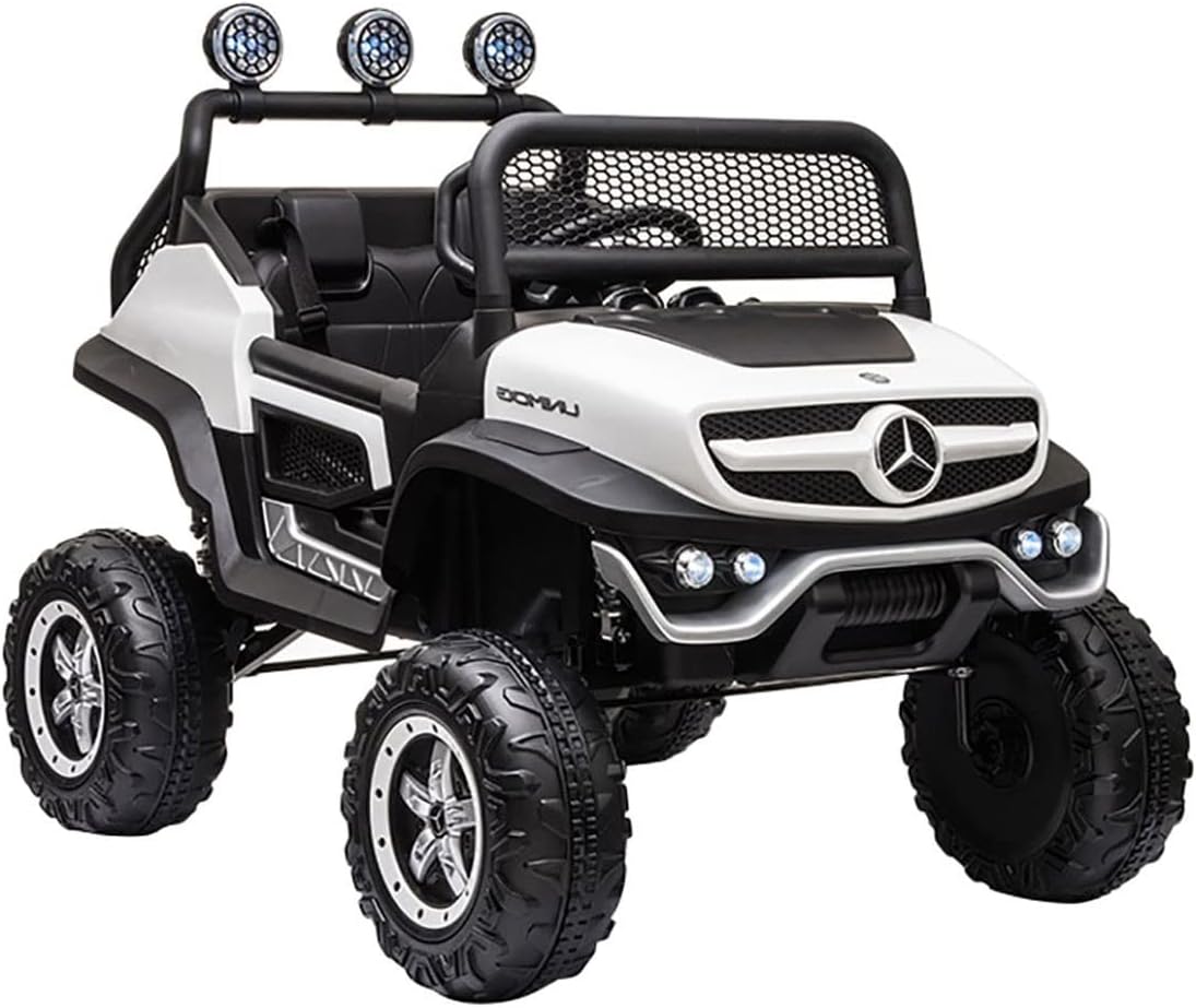 BabyCoches – Coche Eléctrico Infantil Mercedes UNIMOG 4 x 4 – 4 Motores, Potente Batería 12 V10 Ah, Ruedas EVA, Asiento 1 Plaza Acolchado y Mando para Padres (Blanco)