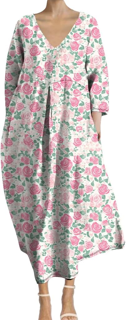 HOTYD 3/4 Sleeve V Neck Boho Maxi Dresses for Women Plus Size Floral Print Casual Loose Fit Baggy Dress with Pockets