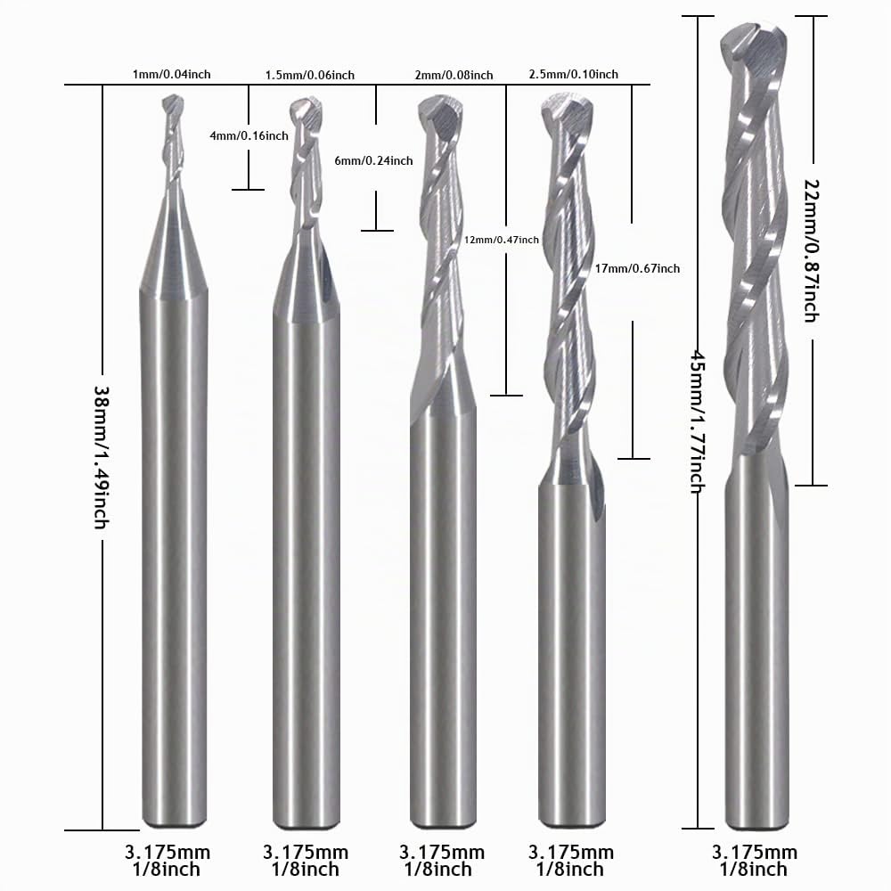 EU_HOZLY Fräser für Holzarbeiten, Durchmesser 1 mm, 1,5 mm, 2,0 mm, 2,5 mm, 3,175 mm, Hartmetall-Kugelkopffräser, CNC-Gravierfräser