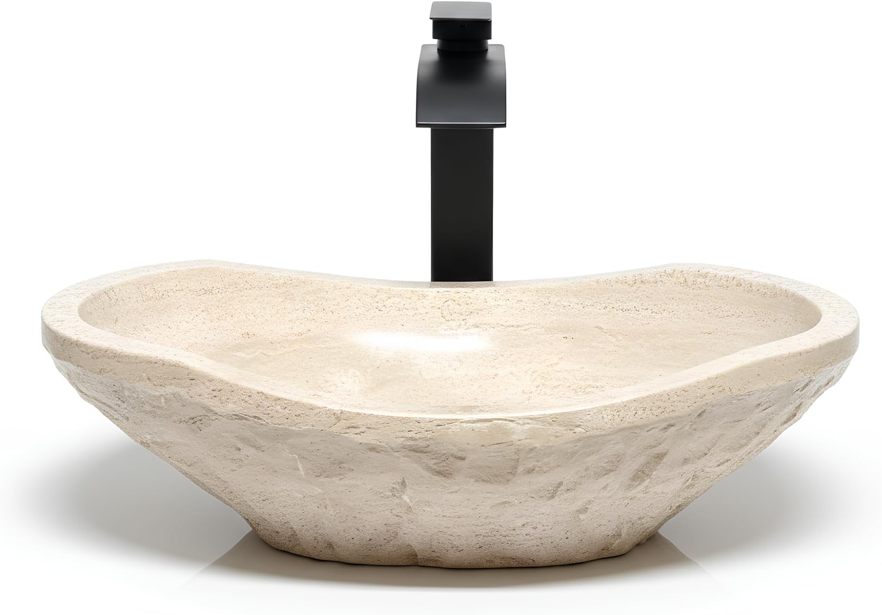 Oval Travertine Vessel Sink – Natural Stone Wash Basin, Hand-Carved Bathroom Sink with Chiseled Exterior & Polished Interior, Above Counter Vanity Basin (Includes Matching Soap Tray)