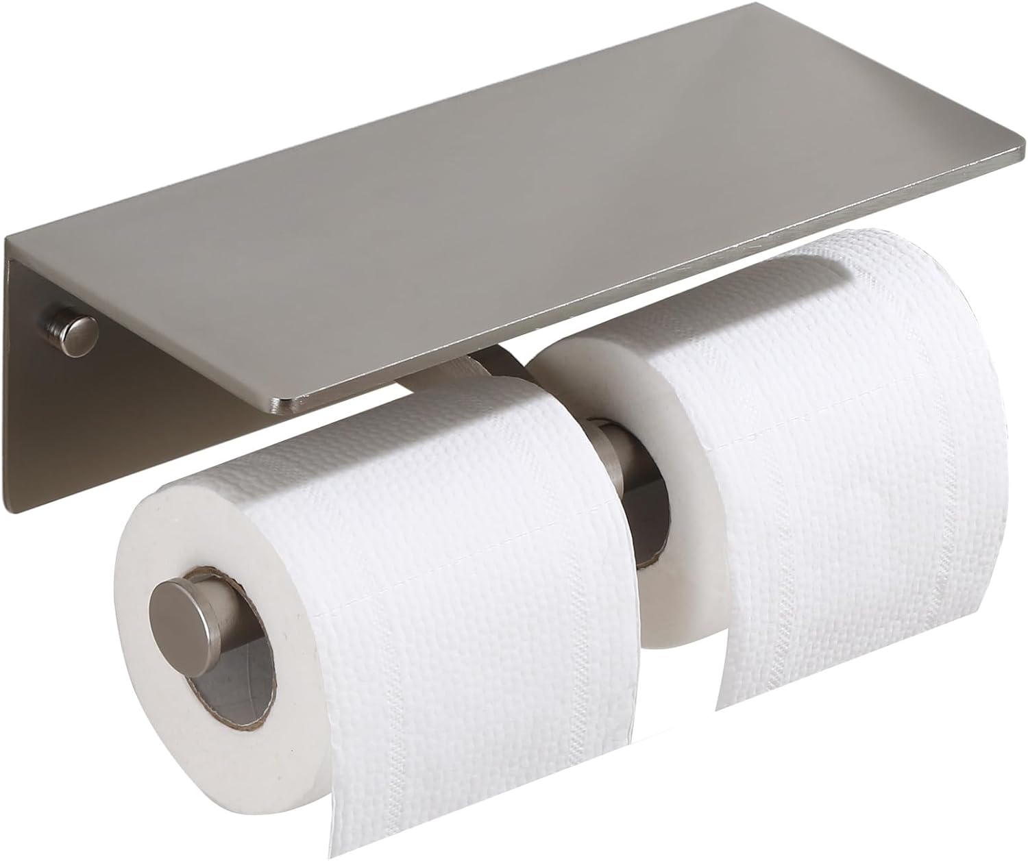 Toilet Paper Holder - Double Rolls Toilet Tissue Holder with Phone Shelf for Bathroom - TP Roll Holder with Wipes Storage, Wall Mounted by Adhesive Tape No Drilling or Screw - Brushed Nickel