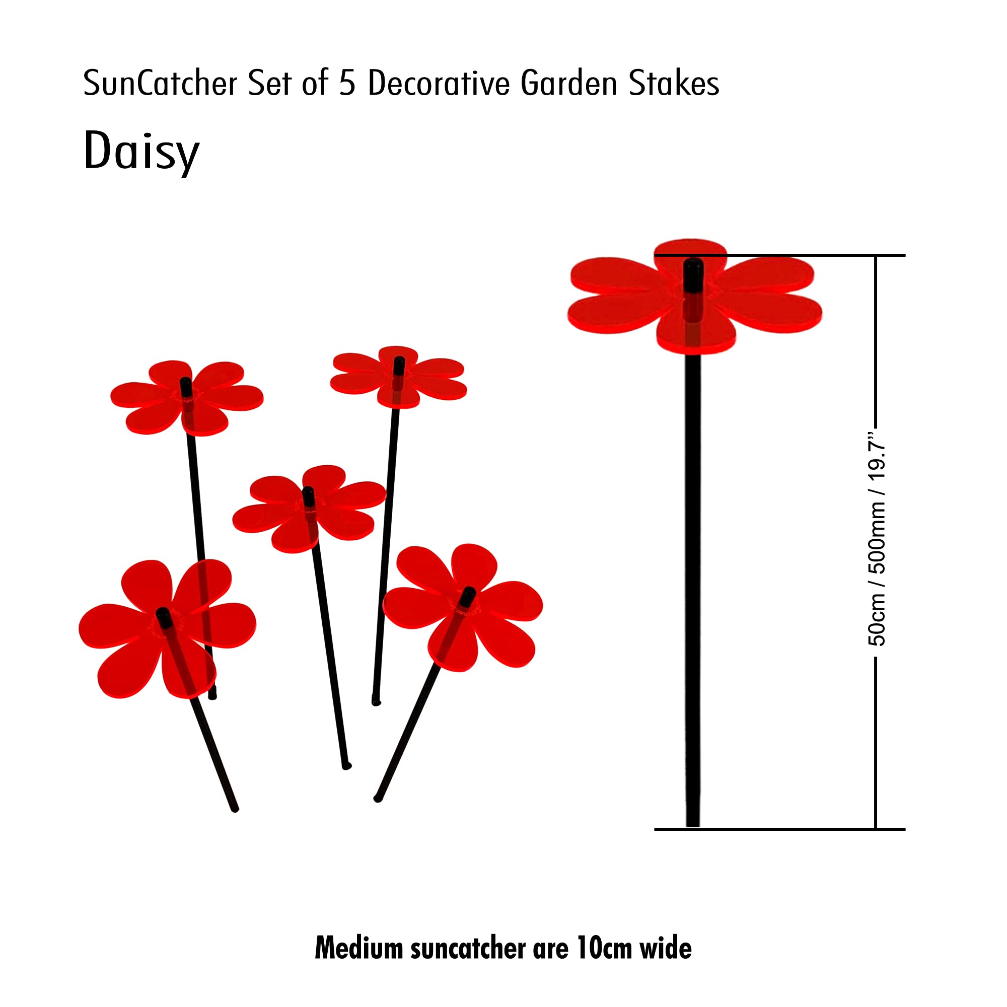 Lot de 5 Attrape-Soleil « Daisy » - avec Tige oscillante de 50 cm - Cadeau de Jardin Lumineux - Couleur : Rouge