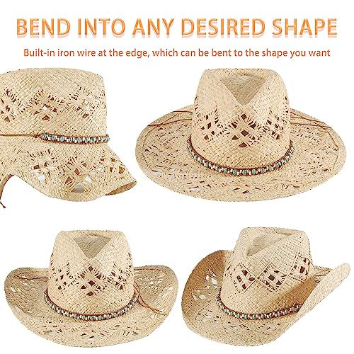 Image of Men's Cowboy Hats Summer Women Beach Cowgirl Hat Raffia Unisex Western Sun Hat