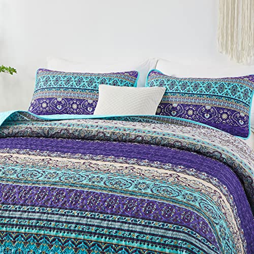 Wongs Bedding Boho Quilt King Size, Purple Bohemian King Quilt, Lightweight Microfiber Bed Decor Bedspread For All Season 103"X90"(3 Pieces) #TOP2