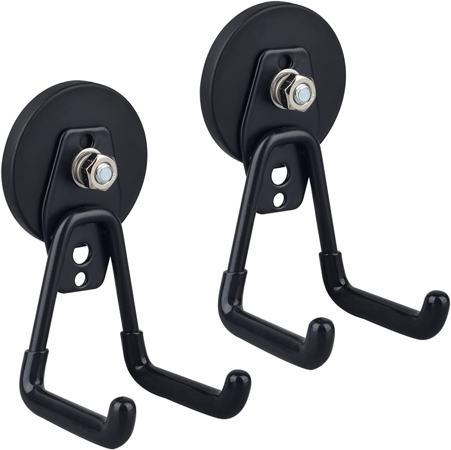 ULIBERMAG Ganchos magnéticos para garaje, juego de 2 ganchos magnéticos utilitarios de almacenamiento con revestimiento antideslizante para suspensión interior y exterior, color negro